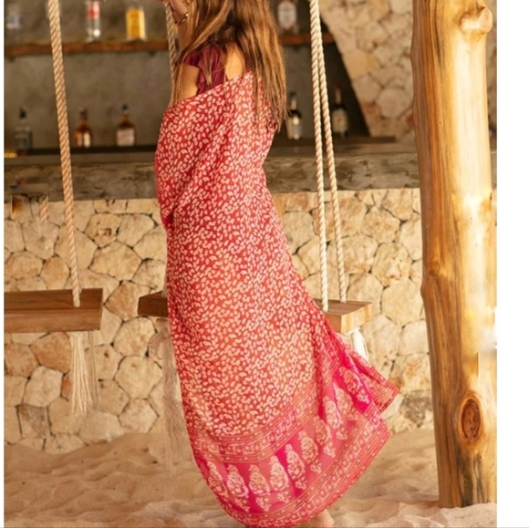 New Boho Tribal Sheer Chiffon Kimono Maxi Duster Jacket Cardigan Red Pink - Picture 11 of 14